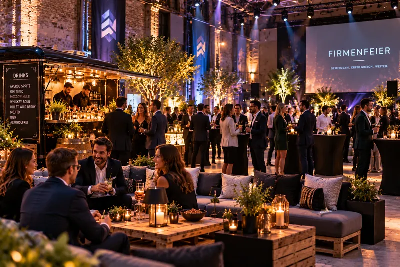 Firmenfeier mit Foodtruck-Catering in einer Industriehalle