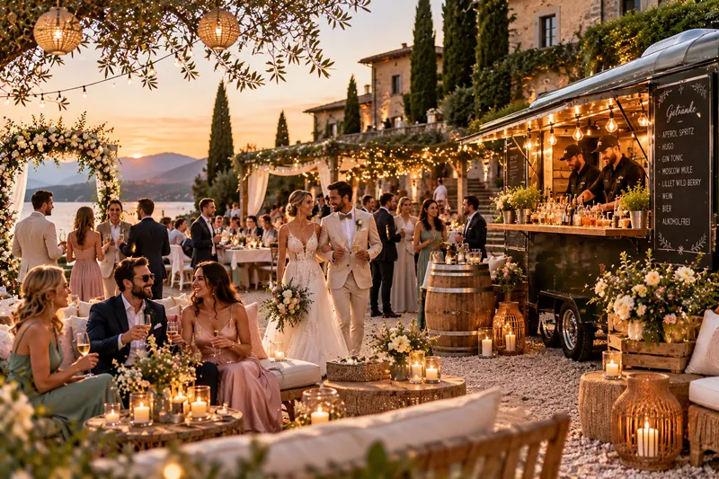 Hochzeitsgesellschaft feiert mit Foodtruck-Catering im Villengarten