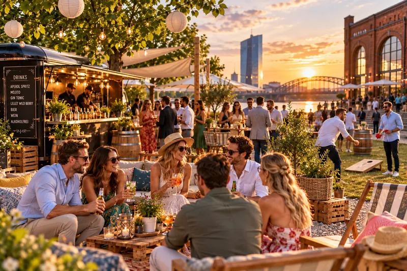 Sommerfest mit Foodtrucks und Gästen am Flussufer