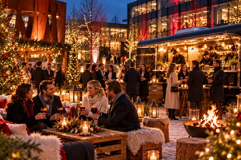 Weihnachtsfeier mit Foodtrucks auf einem Weihnachtsmarkt im Innenhof